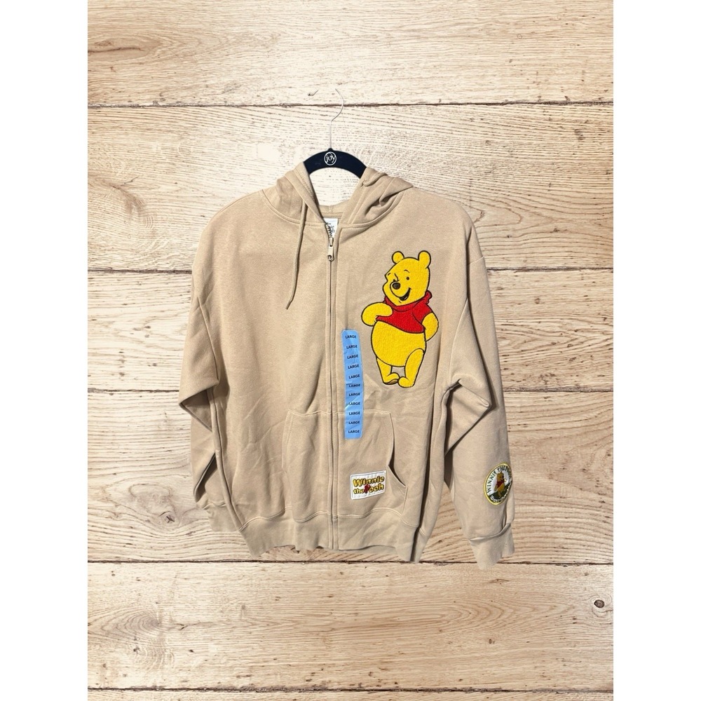 New Winnie the Pooh Embroidered Patches Hoodie Sweatshirt Hooded NWT Sz L Tub19